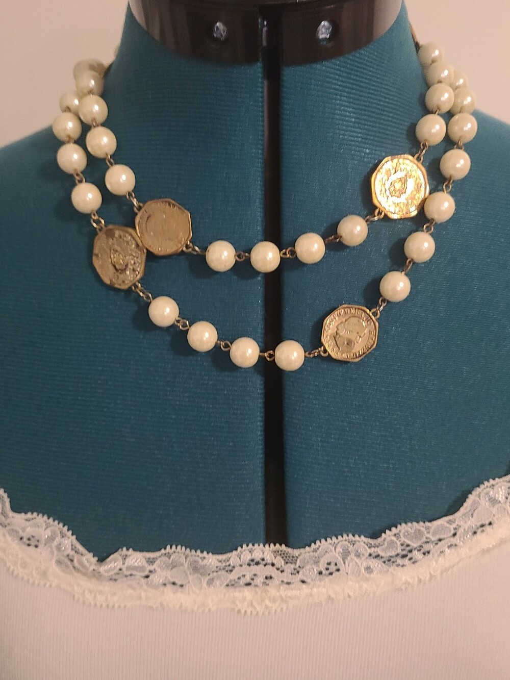 Vintage Faux Pearl & Gold Toned Coin Costume Necklace 37" Strand Boho